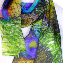 Load image into Gallery viewer, "Peacock Amongst the Ferns" Silk Scarf 160cm x 25cm