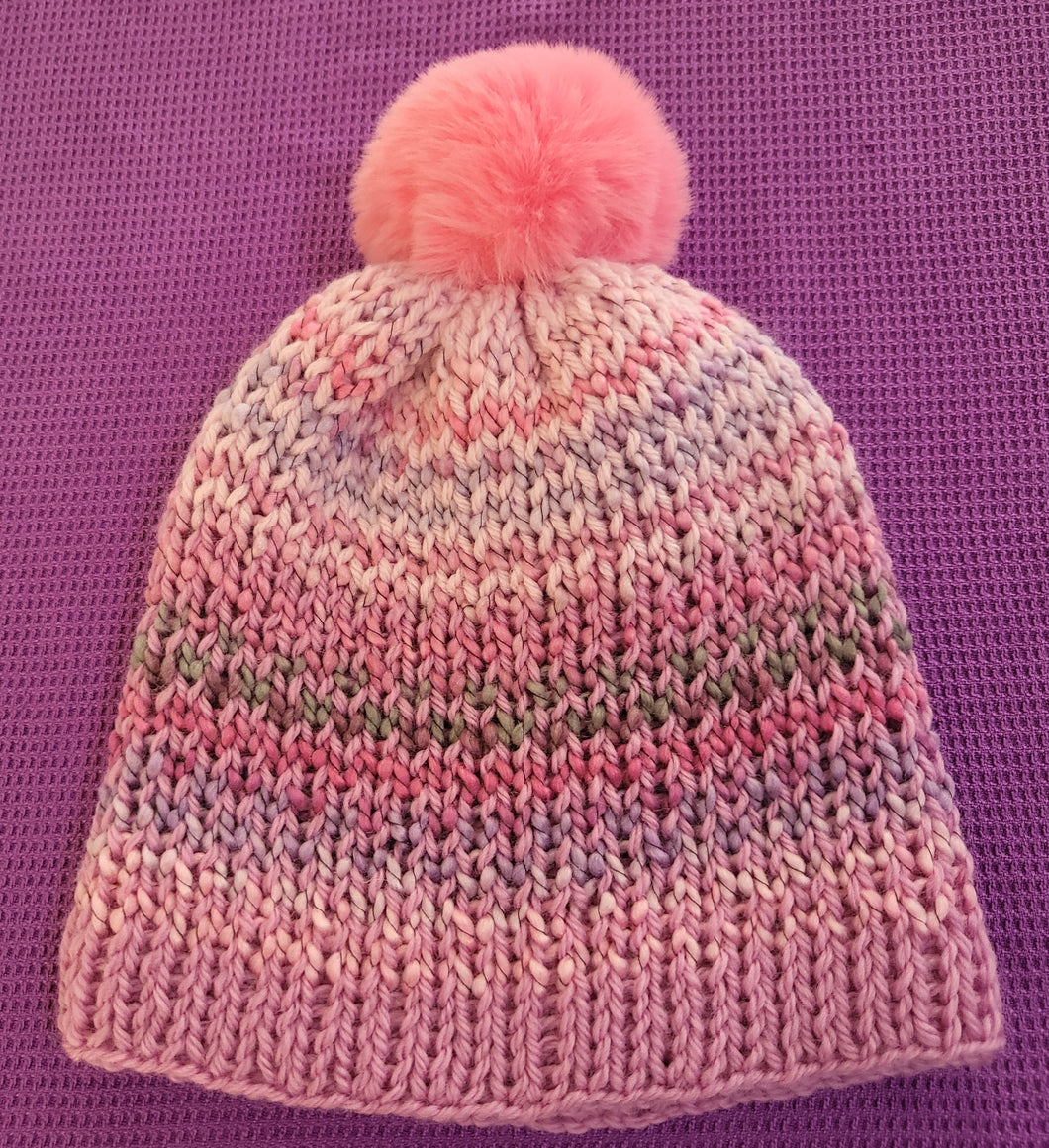 Pink and mauve beanie - pink pom pom.