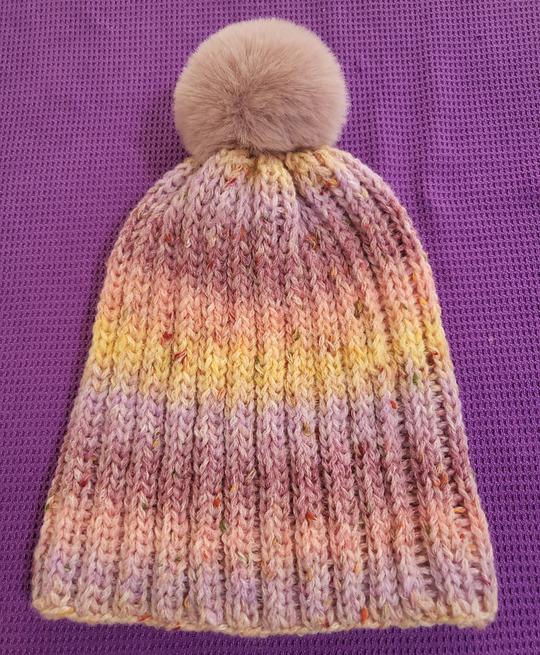 Paisley beanie - mauve, pink and yellow - mauve pom pom