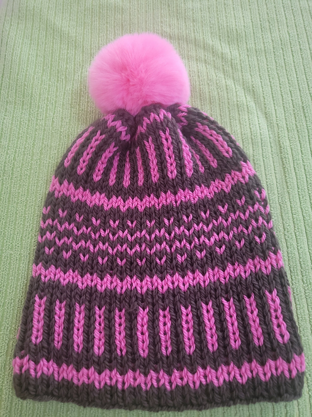 Beanie - bottle green with pink textured pattern and pink pom pom