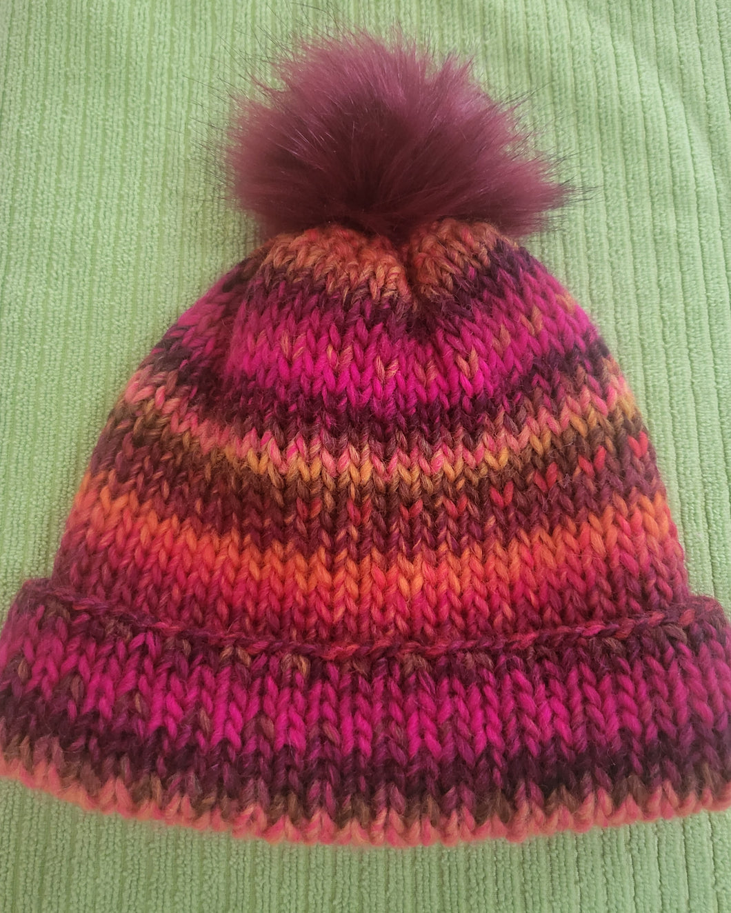 Beanie - burgandy pink orange plus green  with a deep burgandy pom pom