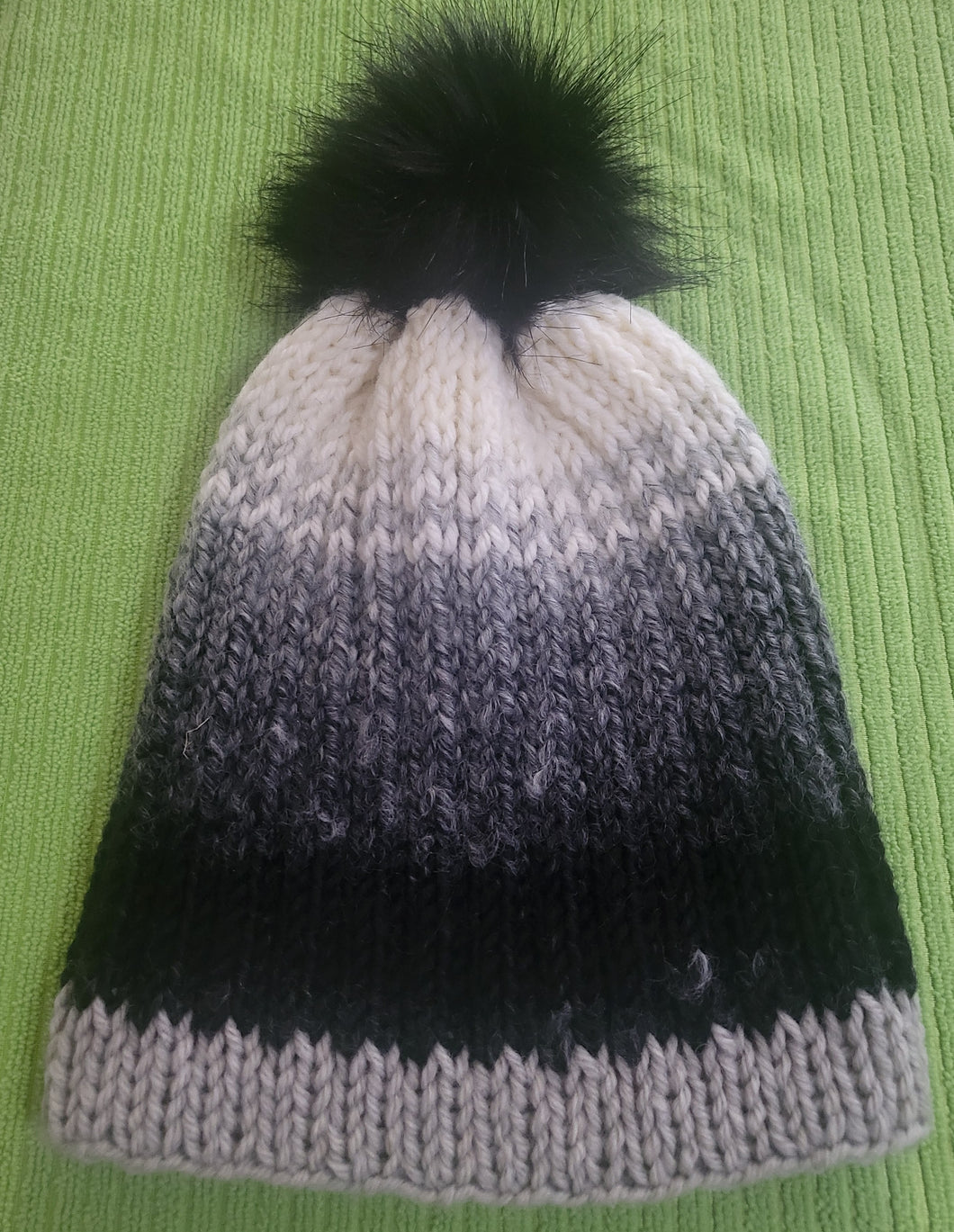 Beanie- black greys and cream with black pom pom