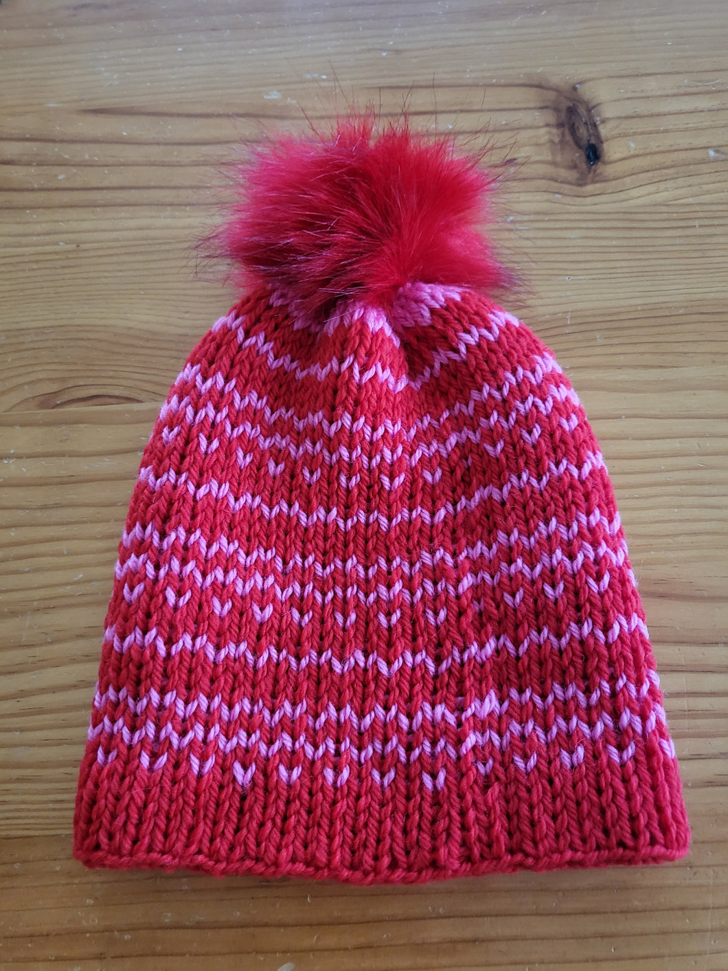Beanie - red and pink with red pom pom