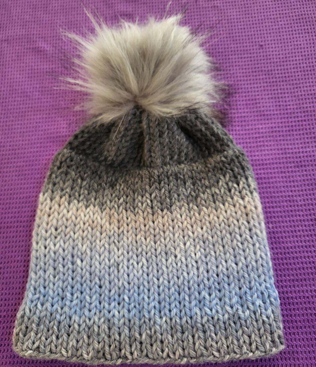 Blue and greys beanie - with grey fluffy pom pom