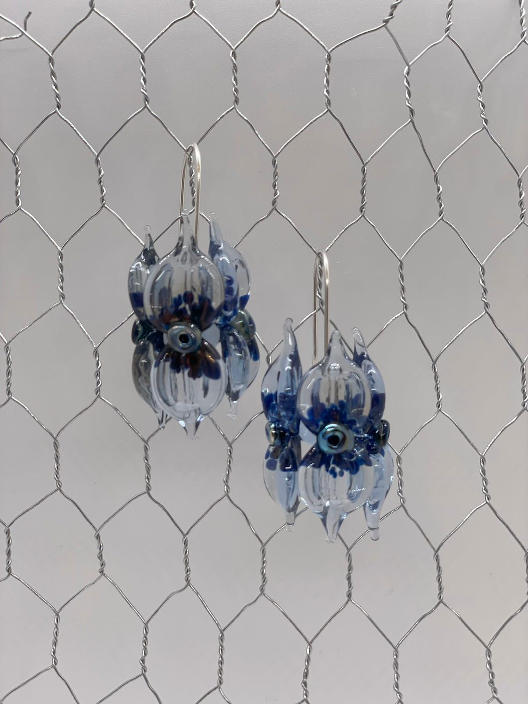 Light Blue with Dark Blue Confetti & Silver Sturt's Desert Pea Glass Earrings