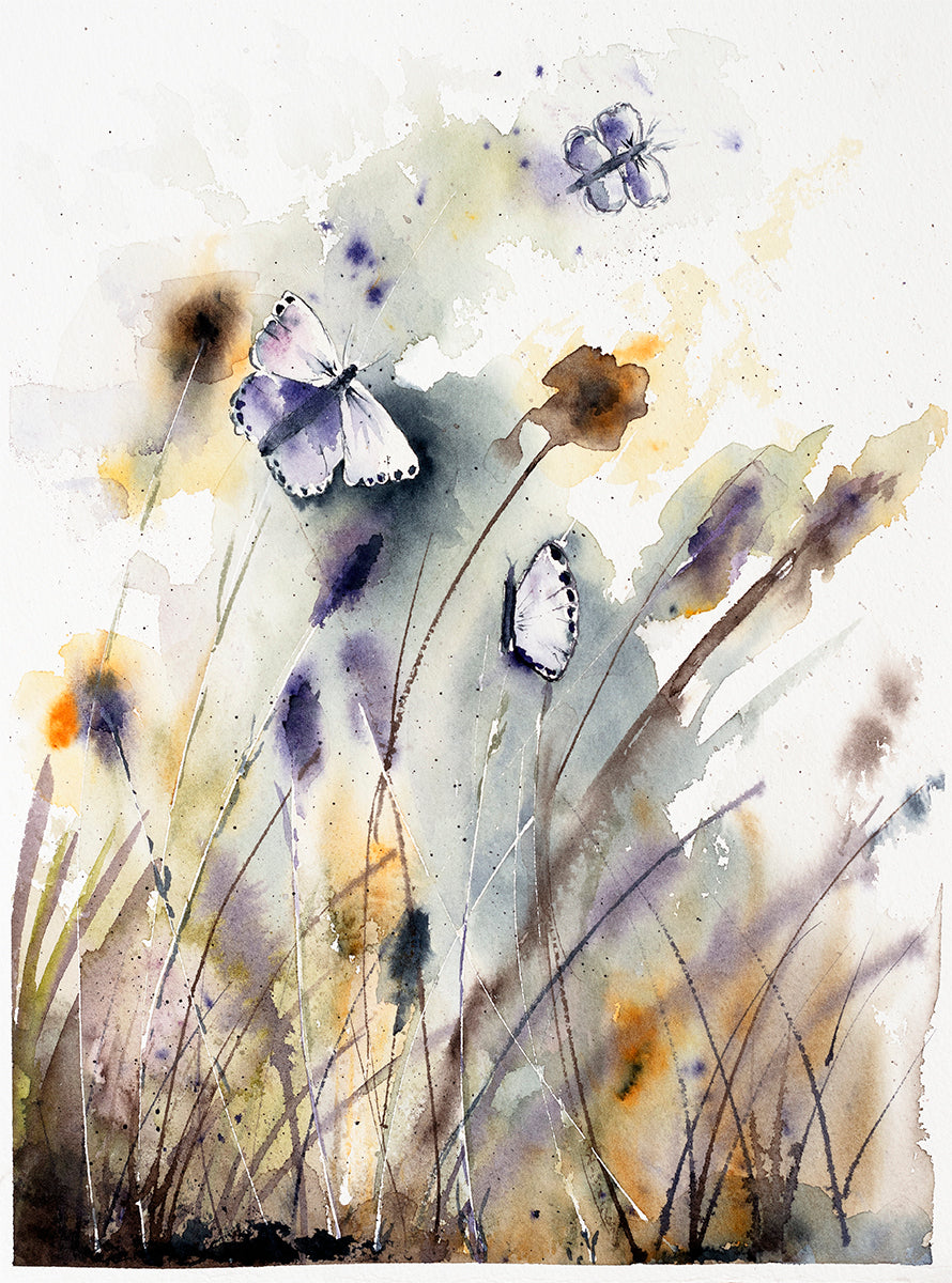 Purple Butterfly & Wildflowers Signed A3 Print