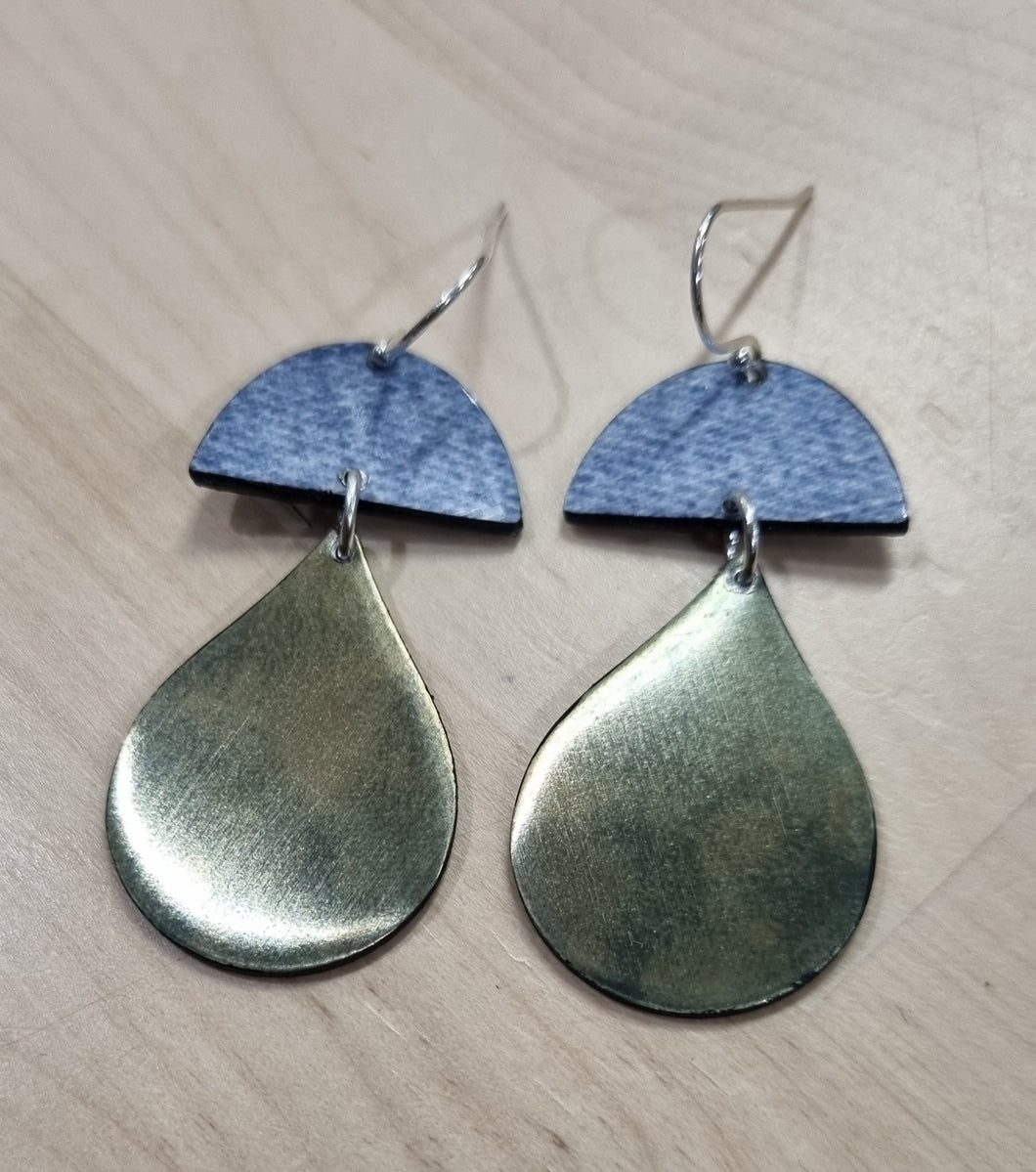 Denim Half Moon  &  Golden Cloud Drop Earrings