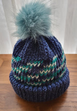 Load image into Gallery viewer, Beanie - Baby/Toddler - multi shades of blue, blue pom pom
