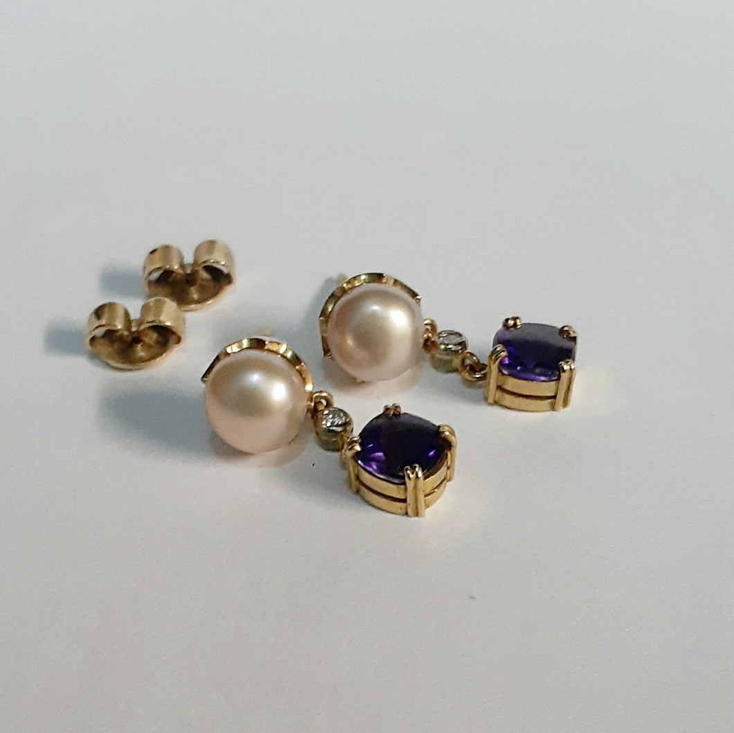 Pearl , Amethyst & Diamond Stud Earrings