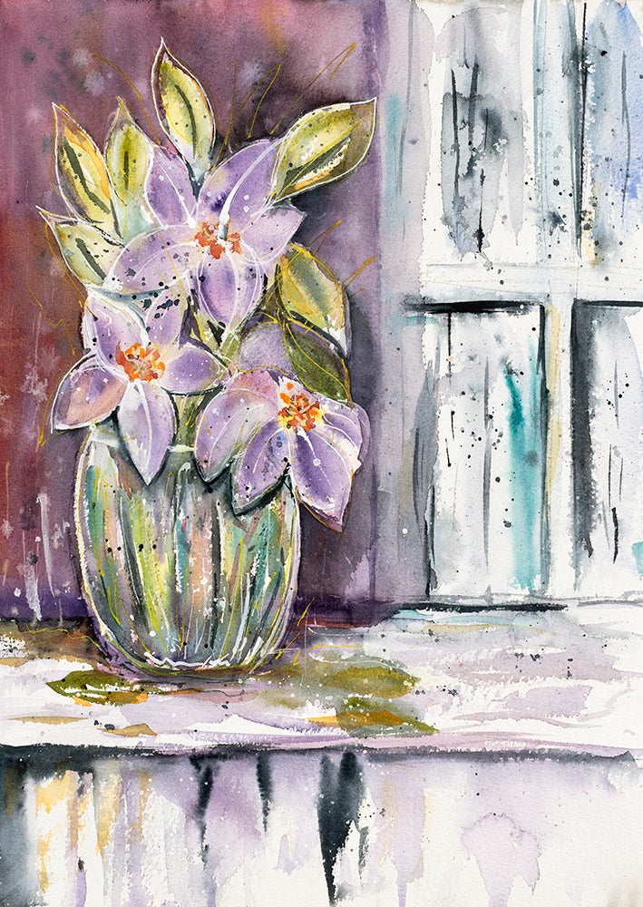 Purple Flowers in Vase on Shelf 28 x 42cm Signed Print