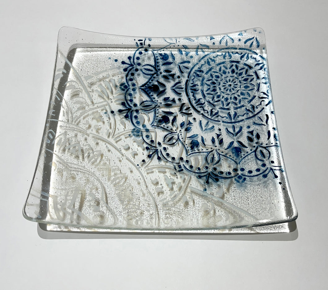 Mandala Blue & White Glass Plate 24 x 24cm