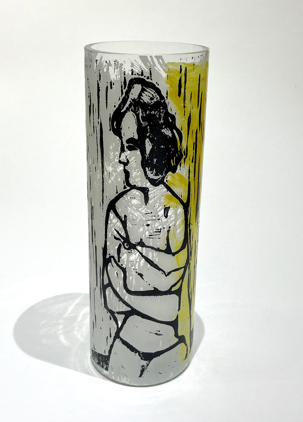 Lino Print Glass Vase - Yellow & White