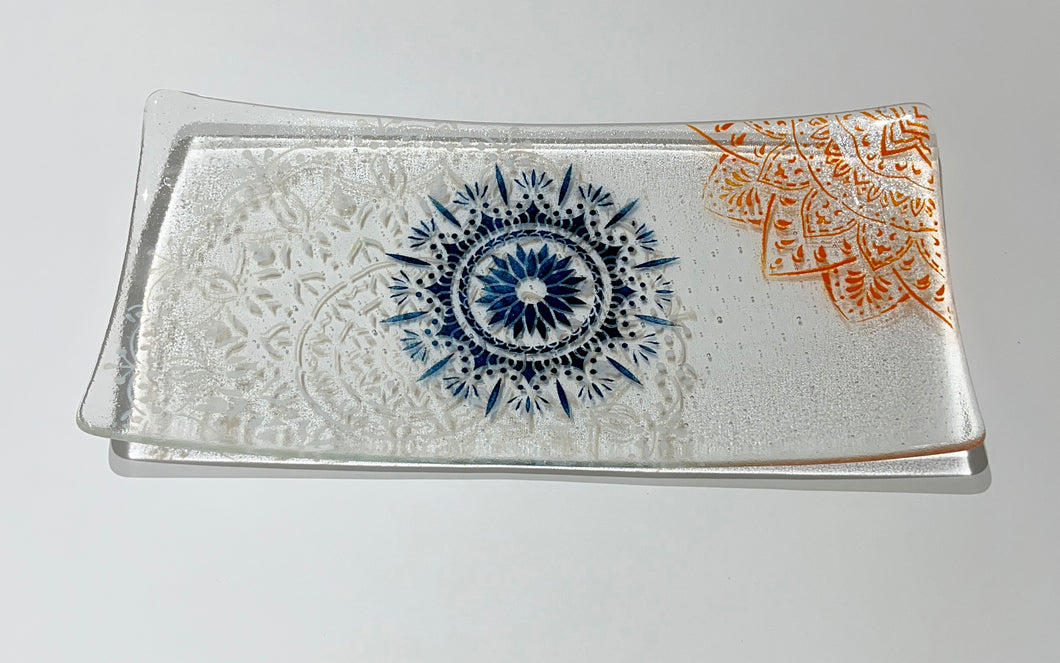 Mandala Blue, Orange &  White Glass Plate 18 x 37cm