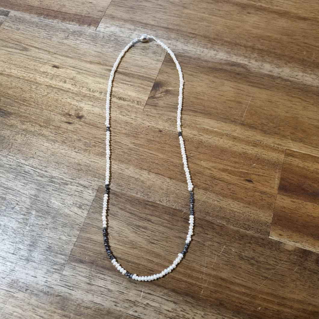 Black Raw Diamonds and Freshwater Pearl Necklet