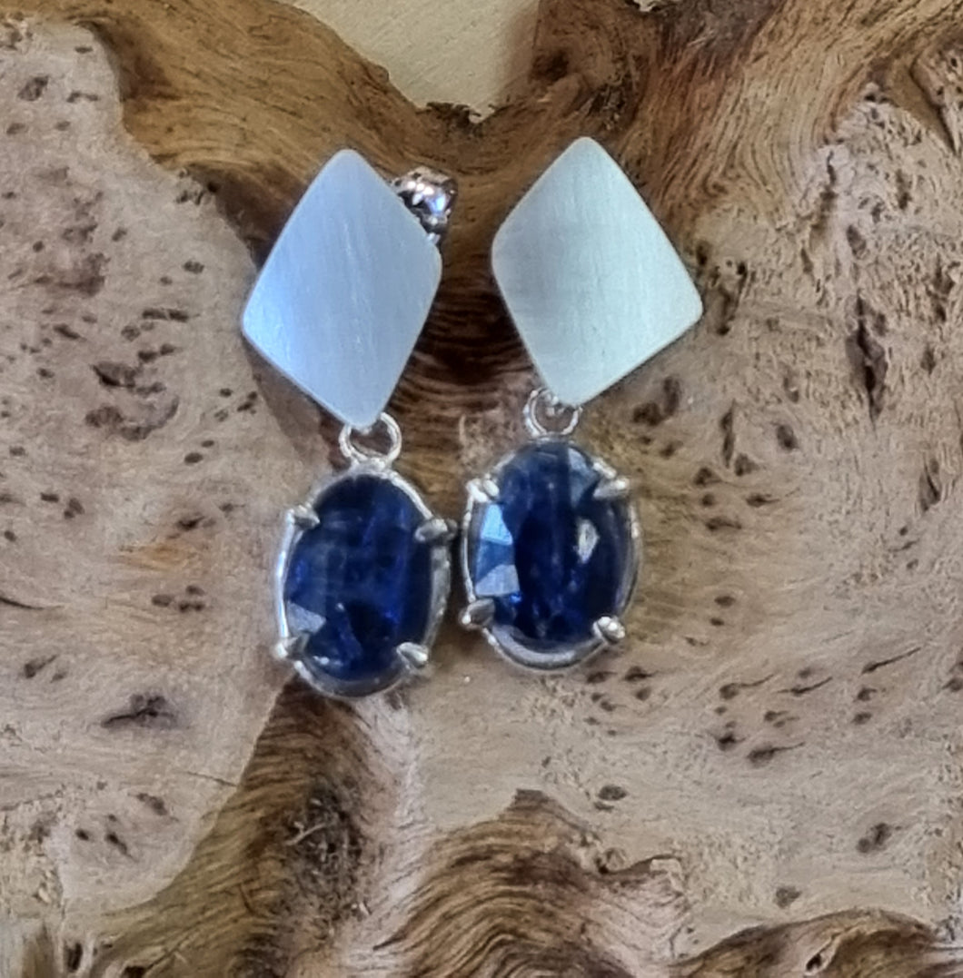 Blue Nepal Kyanite Textured Stud Pendant Drop Earrings