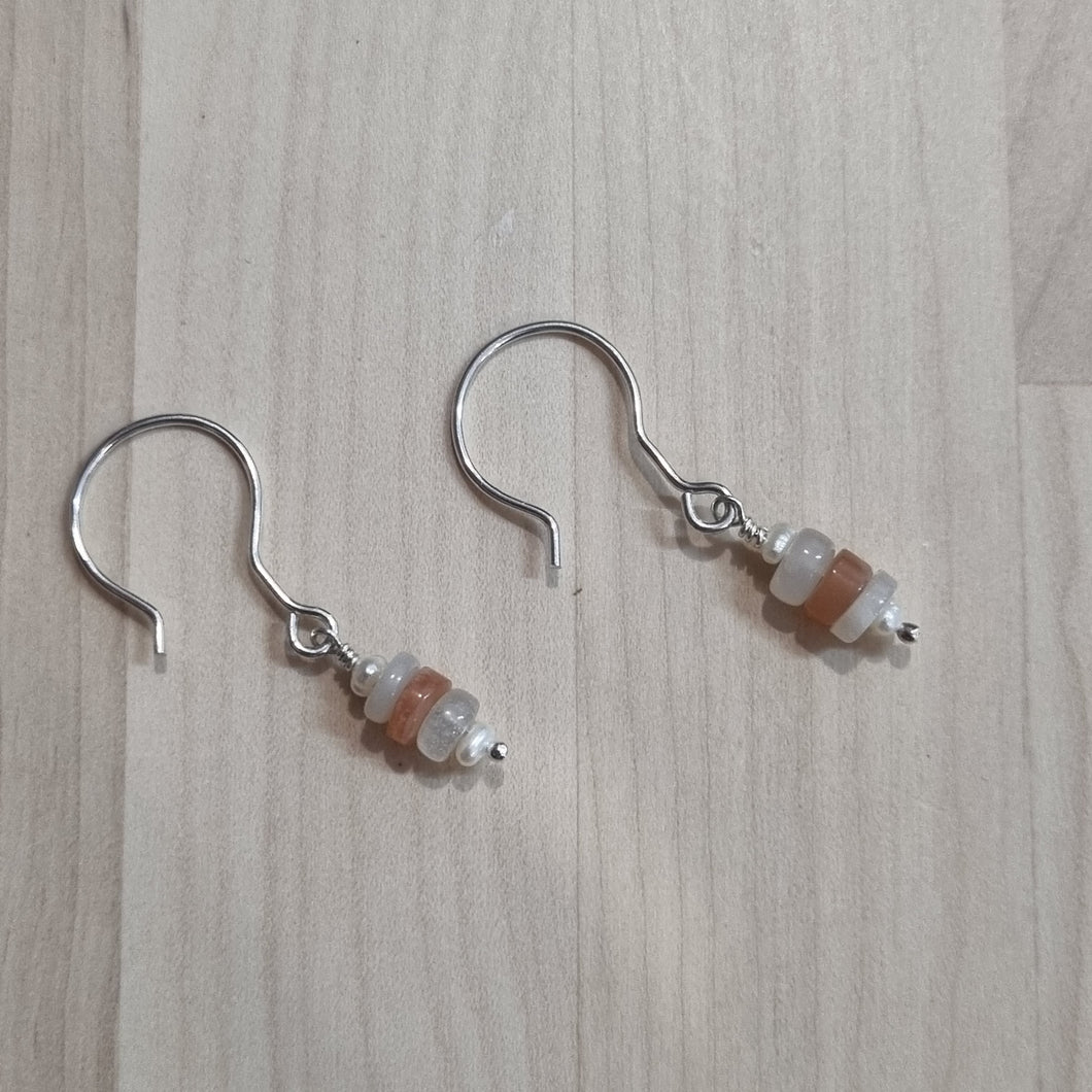 White & Peach Moonstone & F/Water Pearl Earrings