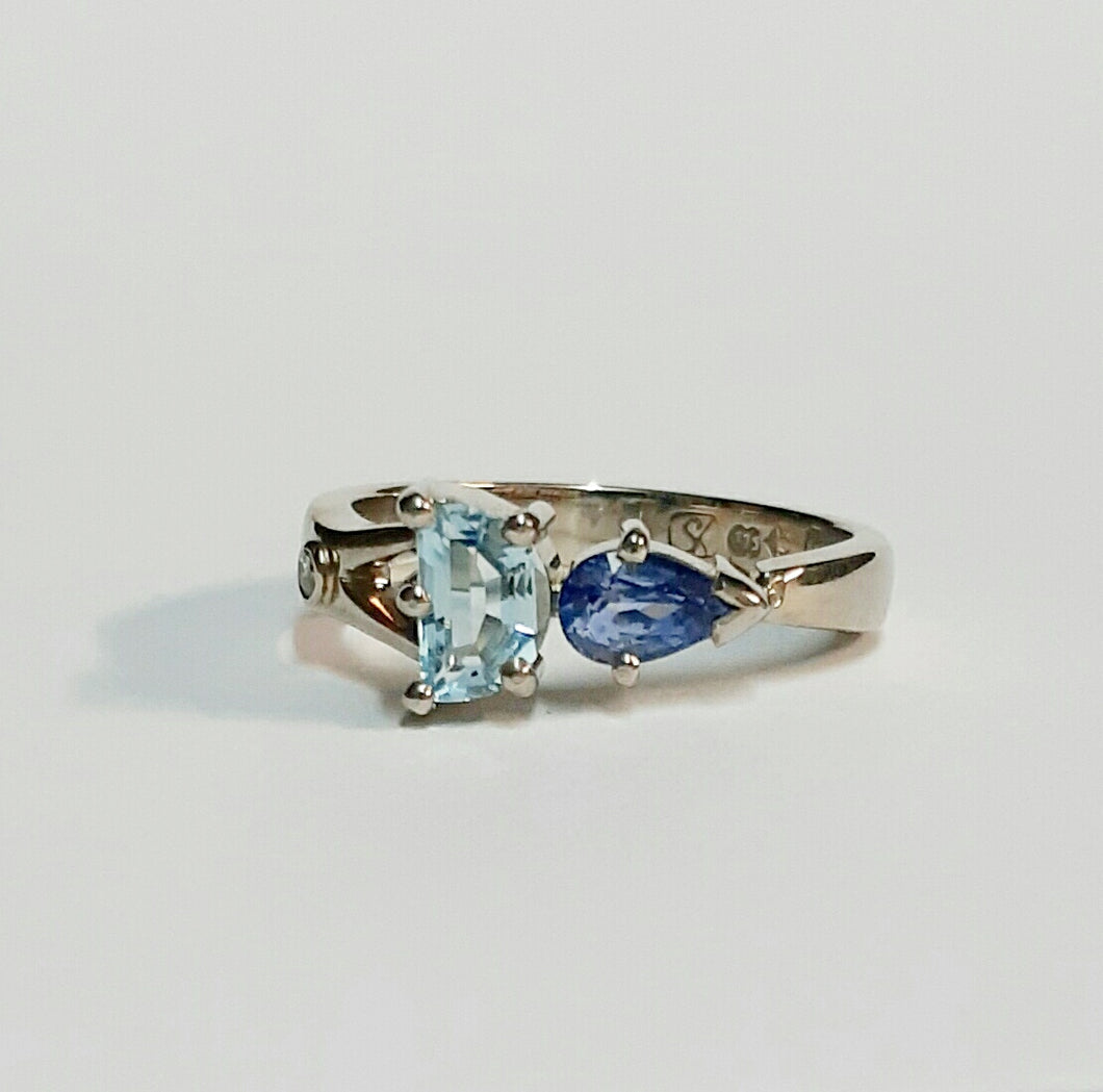 Aquamarine, Ceylon Sapphire &  Diamond Ring