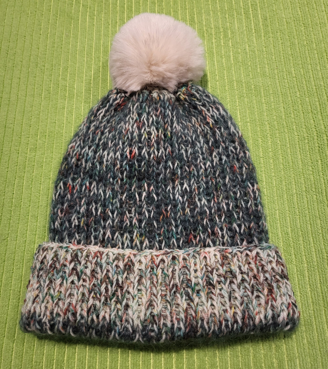 Beanie - green and cream with speckles of colour